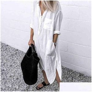 Grundläggande casual klänningar Summerklänning för kvinnor linne maxi skjorta es damer elegant vestidos kvinnlig tunika plus storlek 5xl lång vit 2107 dhoer