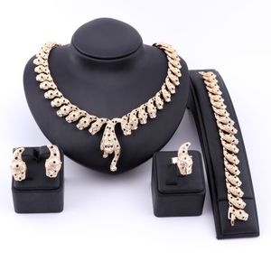 Nigerian Dubai African Gold Silver Plated Crystal Leopard Necklace Earrings Ring Bracelet Bridal Jewelry Sets For Women Wedding Party