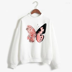 Herrtröjor rosa fjäril kvinnor långärmad streetwear retro blommig lös casual pullover rolig höst kvinnlig tröja