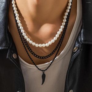 Pendant Necklaces Imitation Pearl And Thick Chain With Wing Necklace Men Punk 3 Layered Separable Chains On Neck 2023 Fashion Jewelry Male