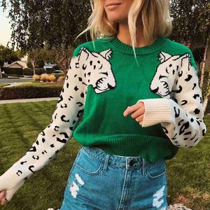 Kadın Sweaters Kadınlar için Yeni Süveter Kontrast Renk Mozaik Leopar Desen Uzun kollu gömlek Kadınların Örme Kılı