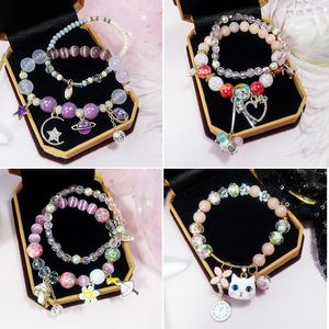 Strand Handmade Crystal Pendant Bracelet Stars Moon Pink Quartz Beads Charm Women Romantic Jewelry