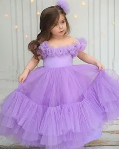 2023 lavanda vestidos de flor de pescoço puro A-line Tulle Tulle Satin vintage Lit Tle Girl pavão vestidos de vestido ZJ407