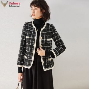 Womens Jackets Jacket Women Short Black White Lattice Coat Round Neck Female Braided Autumn Small Fragrance Style 230818