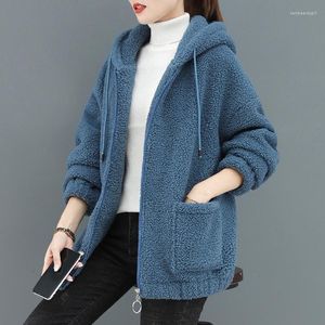 Capuz feminino Capuz de cor sólido Lamb Cashmere Cardigan Sweater com jaqueta minimalista coreana e grossa e grossa de inverno de outono