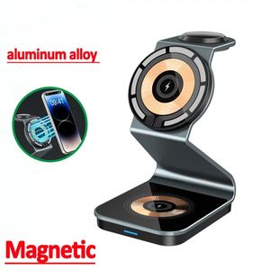 15W 3 em 1 Magnetic Wireless Charger Stand Pad Alumínio de alumínio para ipone 14 13 12 Pro Max mini AirPods Apple Watch Fast Charging Dock Station com caixa