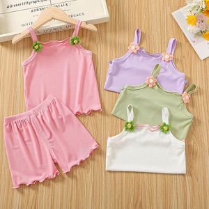 Roupas Conjunto de roupas Blue Stripe Girls 'Set 2023 Summer Baby Strap Top calça curta