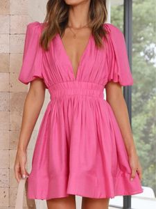 Casual Dresses Elegant Chic Women Summer A-line Dress Solid Color Deep V-Neck Short Puff Sleeve Mini Fashion Party