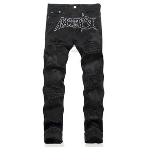 Yeni stil punk tarzı kara delik yaması işlemeli elastik ücretsiz gevşek montaj erkek kot pantolon Çin yüksek kaliteli 3451 boyutu 29-38