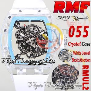 RMF AET 055メンズウォッチrmul2メカニカルハンドファインドリアルクリスタルホワイトケーススケルトンダイヤルブルーインナーリングホワイトラバーストラップスーパーエディションスポーツエターディーウォッチ