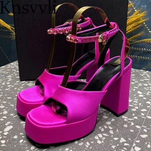 Heels Women High Sandals Super Satin Rhinestone Ankles Buckle Strap Wedding Shoes Chunky Summer Platform Woman 93059 49980