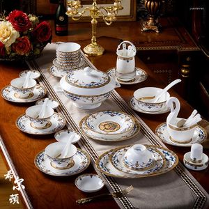 Tallrikar Jingdezhen Bone Porcelain Tableware Set Hög utseende Level Komplett kök med rätter för 6 personer