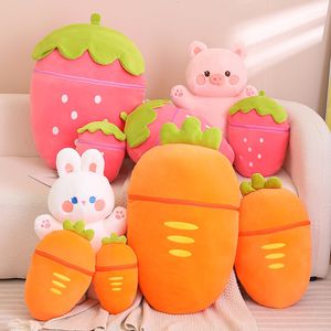 Plush Dolls Kawaii Plush Toy Stuffed Soft Rabbit Pig Hiding in Carrot Strawberry Bag Creative Fruit Taiyaki Pillow Toys for Kids Girls Gift 230818