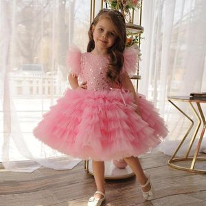 Girl Dresses Cute Pink Tiered Pageant Gown A-line Bow Flower Dress Cap Sleeves Knee Length Pearls Feathers Wedding Party Birthday