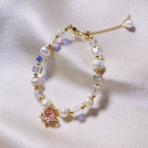 Strang rosa Herzkristall Anhänger natürliches Süßwasserperlenarmband für Frauen transparente Perlenschnur Goldfarbe Kette Schmuck Geschenk