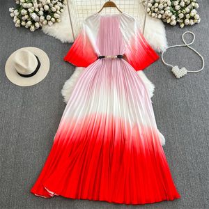 Basic Casual Dresses Summer New Women Fashion Gradient Dress With Sashes Round Neck Half Sleeve Mid-length Ladies Pleated Dress Korean Vestidos Mujer 2024