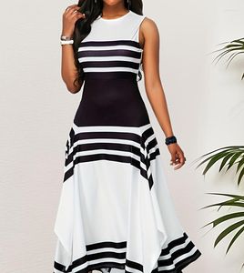 Plus Size Dresses Summer Fashion Stripe Print Dress Women's Round Neck Sleeveless Irregular Long Casual Loose Fit