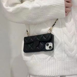 Fashion Caviar Crossbody Phone Cases For iPhone 14 13 12 11 Pro Max Mobile Back Shell Luxury Designer Black Leather Cover Case With Card Holder Pocket