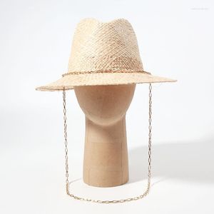 BERETS 202306-SHI INS SUMMER LIGHT RAFFIA GRASS WEAVE LONG GOLD CHAEN FEDORAS CAP WOMEN LEIDURE JAZZ HAT