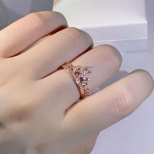 Ringos de cluster Sólido 14k Rose Gold Diamond Crown Ring For Women Anilos de Bizutria Bandas de casamento Origem fêmeas de pedras preciosas meninas