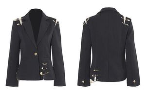 Womens Jackets Women Black Blazer With Golden Safety Pin Trims Slim Long sleeved Blazers 230818