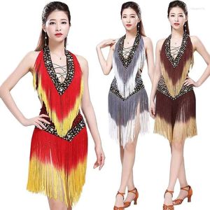 Estilo de desgaste do palco de dança latina fantasia de spandex tassel pedras vestidos para mulheres vestidos de competição