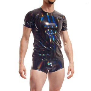 Men's T Shirts Shiny PVC Holographic Laser Black Man Shirt Short Sleeve Slim Round Neck Blouse Tops Fashion Clubwear T-Shirts 7XL