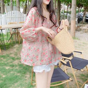 Women's Blouses Cute Floral Print Sweet Chic Kawaii Button Shirts Summer Korean Style O Neck 3/4 Sleeve Casual Y2K Streetwear