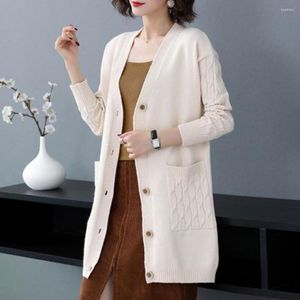 Women's Knits Women Autumn Winter Coat Single-breasted Long Sleeve Knitted Sweater Loose Mid Length Thick Warm Lady Jacket