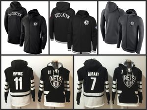 Brooklyn''Nets''Men 75th Black Authentic Showtime Therma Flex Performance Full-Zip Kevin Durant Kyrie Irving Lace-Up Pullover Hoodie