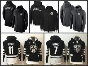 Brooklyn''Nets''Men 75th Black Authentic Showtime Therma Flex Performance Full-Zip Kevin Durant Kyrie Irving Pulôver com capuz com cadarço