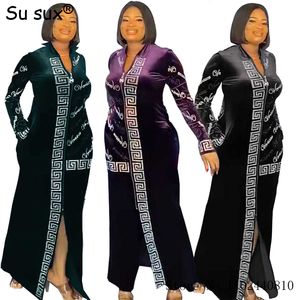 Etnik Giyim Kadife Maxi Elbise Kadınlar İçin Afrika Elbiseleri Dashiki Müslüman İslam tarzı artı Boyut Sequins Fermuer Cep Çekiş Moda Lüks 230818