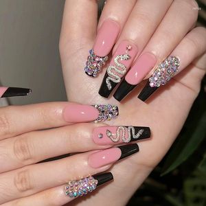 False Nails Resnica Press on French Nude Pink and Black Banded Snake Patterned Sheer for Diamond Sparkle for Ballet