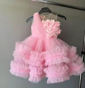 2023 Pink Sheer Neck Flower Girl Dresses Ball Gown Tulle Tiers Beaded Vintage Lit tle Girl Peageant Dress Gowns ZJ405