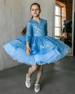 2023 Blue Sequined Lace Flower Girl Dresses Ball Gown Knee Length V-neck Vintage Little Girl Peageant Dress Gowns ZJ415