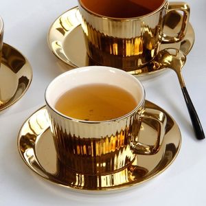 Mugs 250ml Luxury Gold Plated Ceramic Mug Saucer Set Espresso Coffee Cup Nordic Style Office Afternoon Tea Birthday Gift 230818