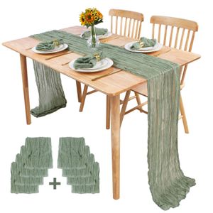 Bordslöpare 1 st Sage Green Cheesecloth Table Runner med 8 stycken servetter romantiska bröllopsboho duk för baby brudduschparty dekor 230818