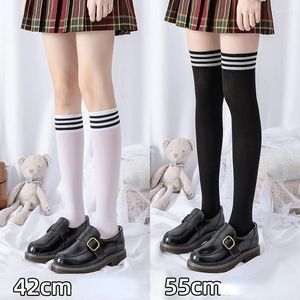 Kvinnors strumpor sexiga medias svartvit randig lång över knä låret högt strumporna damer flickor