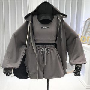 Women's Tracksuits 1 Set Simple Sports Jacket Polyester Thin Coat With Hat Three Pieces Drawstring Shorts Vest Decorative