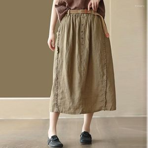 Skirts NINI WONDERLAND Summer Linen Casual Skirt 2023 Women Elastic Waist With Belt Edible Tree A-line Lady Loose