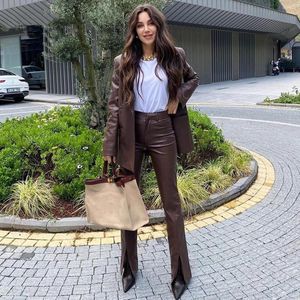 Women's Two Piece Pants Leather Brown Women Suits 2 Pieces Blazer Slit PU Daily Jacket Streetwear Casual Single Breasted Chic Custom Made