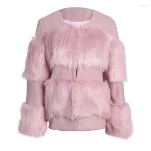 Women's Fur Clearance Runway Design Faux Coat Winter Round Neck Pink Pachwork Womens Jacket Overcoat