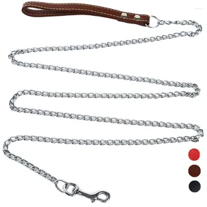 Dog Collars Durable Anti-Bite Metal Chain Lead For Small Medium Leash Handle Leads PU Leather Iron Pet Accessories