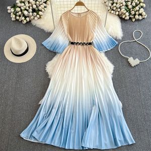 Basic Casual Dresses Mid-Length Women Gradient Dress With Sashes Summer Round Neck Flare Sleeve Half Sleeve Ladies Pleated Dresses Vestido Blue Dress 2024