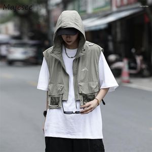 Men's Vests Tactical Cargo Men Hooded Military Teens Handsome American Retro Techwear Cropped Coats All-match Unisex Clothing Zip-Up