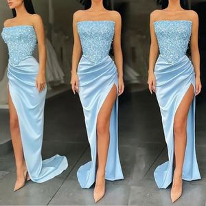 Prom Party Gown Evening Dresses Formal Mermaid Sleeveless Satin Beaded Sequins Lace Up Zipper Split Front/Side New Custom Strapless Pleat
