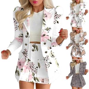 Two Piece Dress 2 Pcs/Set Coat Skirt Set Flower Check Print Color Matching Long Sleeve High Waist OL Style Formal Commute Suit Lady Jacket