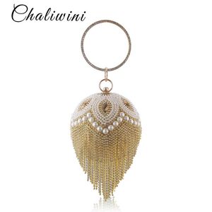 Bags Lady Tassel Pearl Beaded Round Ball Wedding Bag Women Evening Bag Bridal Crystal Knucklebox Clutch Purse Handbag