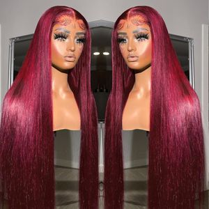 99J Red 13x6 Straight Lace Front Wig Glueless 220%density Human Hair Wigs for Women 30 32 34 Inch 13x4 HD Lace Frontal Wig