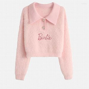 Kvinnors tröjor söta rosa mohair för kvinnor brev broderi pullover korta stickade toppar skjorta lapel v-hals full ärm kvinnlig tröja